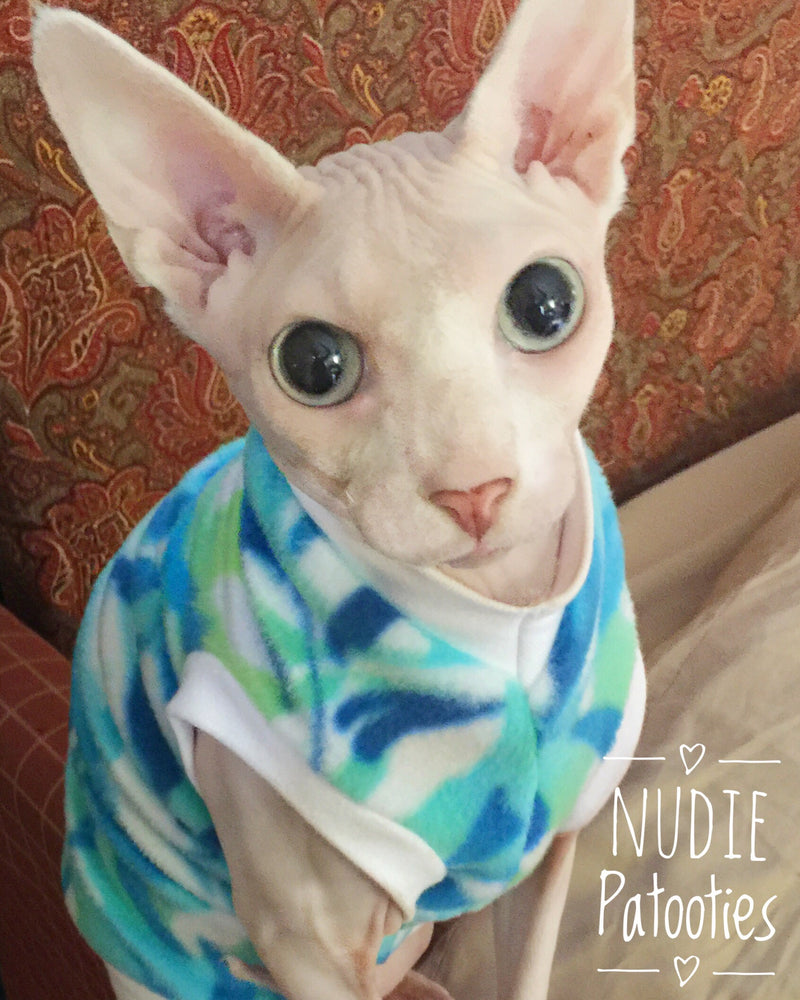 Blue and Green Fleece "Free Spirit" - Nudie Patooties  Sphynx cat clothes for your sphynx cat, sphynx kitten, Donskoy, Bambino Cat, cornish rex, peterbald and devon rex cat. 