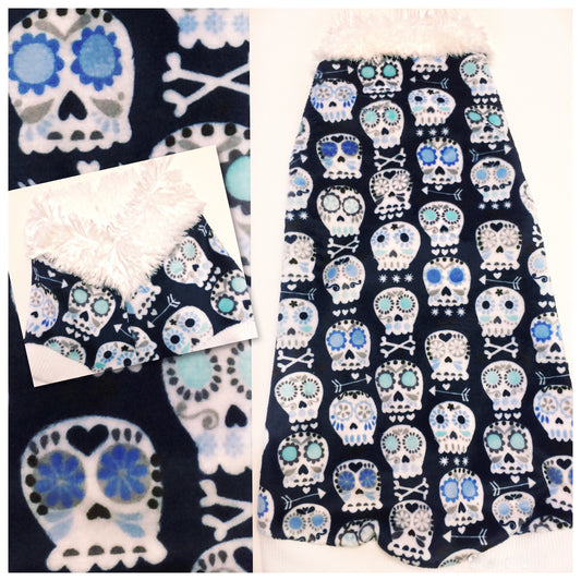 Navy "Baby Bonehead" Skull Minky with Faux Fur Collar - Nudie Patooties