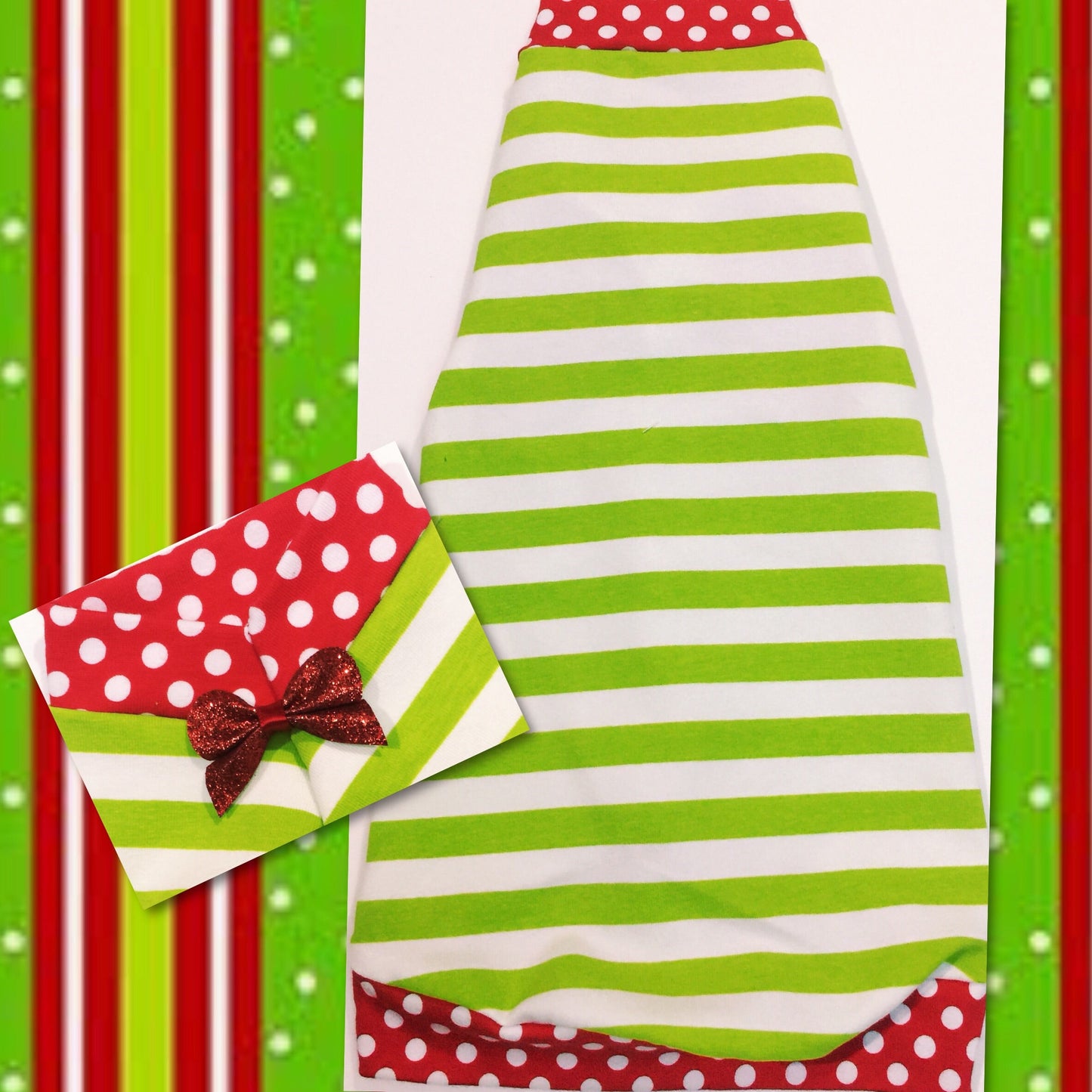 Lime and white stripes with red polka dot trim and cute bow sphynx cat and kitten Christmas shirt.  Sphynx cat clothes 