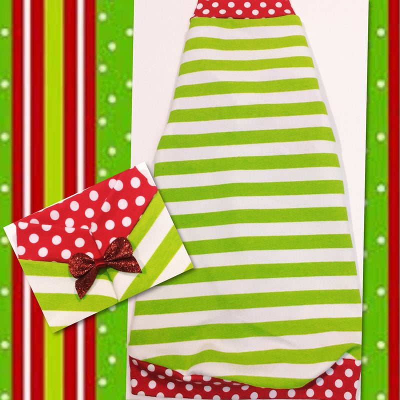 Lime and white stripes with red polka dot trim and cute bow sphynx cat and kitten Christmas shirt.  Sphynx cat clothes 
