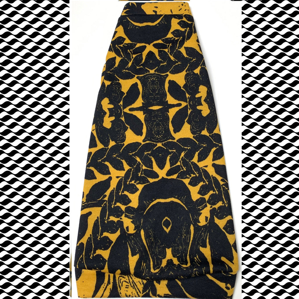 Black Floral Scrollwork on Yellow - Nudie Patooties  Sphynx cat clothes for your sphynx cat, sphynx kitten, Donskoy, Bambino Cat, cornish rex, peterbald and devon rex cat. 