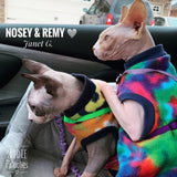 Bright Multi-Colored Fleece "Gobsmacked!" - Nudie Patooties  Sphynx cat clothes for your sphynx cat, sphynx kitten, Donskoy, Bambino Cat, cornish rex, peterbald and devon rex cat. 