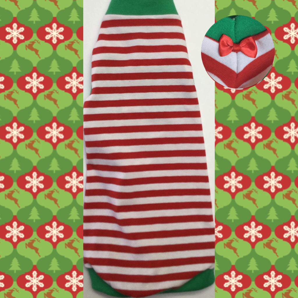 Christmas Red and White Stripe Shirt "Santa's Little Helper" - Nudie Patooties  Sphynx cat clothes for your sphynx cat, sphynx kitten, Donskoy, Bambino Cat, cornish rex, peterbald and devon rex cat. 