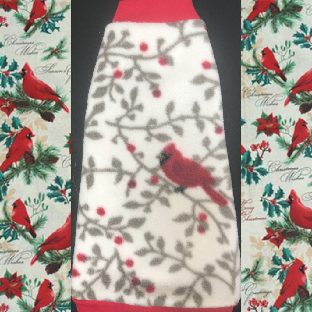 Christmas Fleece "Christmas Cardinal" - Nudie Patooties  Sphynx cat clothes for your sphynx cat, sphynx kitten, Donskoy, Bambino Cat, cornish rex, peterbald and devon rex cat. 