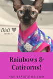 Rainbow Caticorns Nudie Patooties Exclusive - Nudie Patooties Rainbow and Caticorn shirt for your sphynx cat, sphynx kitten, peterbald, devon rex, cornish rex, and bambino cat! unicorns