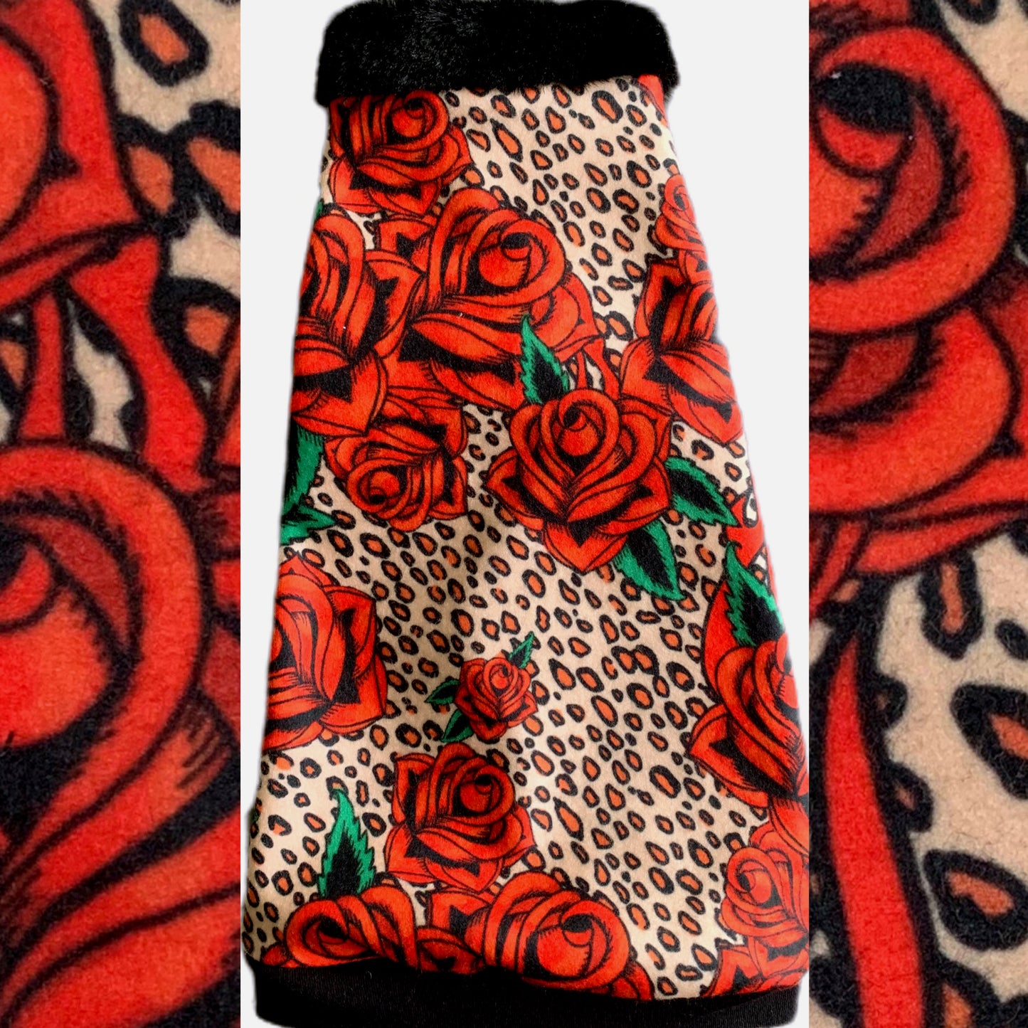 Tattoo Roses on Leopard Fleece w/Fur Collar "Love Blooms"